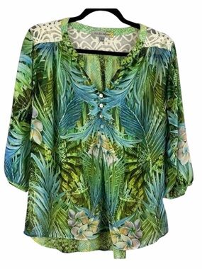 ✨3/$20✨ Figueroa & Flower Floral Leaf Lace Detail Semi Sheer Blouse Large